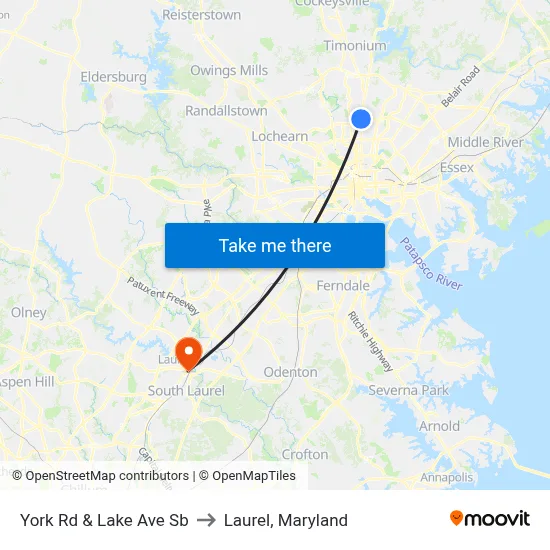 York Rd & Lake Ave Sb to Laurel, Maryland map