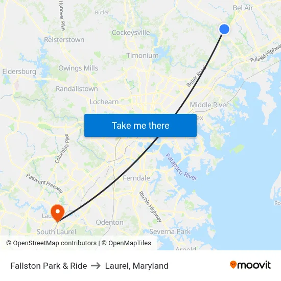 Fallston Park & Ride to Laurel, Maryland map
