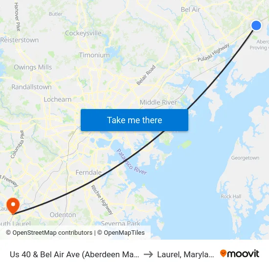 Us 40 & Bel Air Ave (Aberdeen Marc) to Laurel, Maryland map