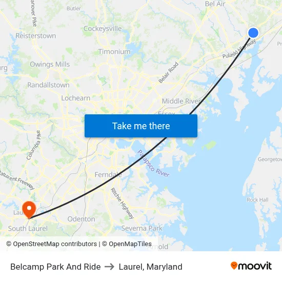 Belcamp Park And Ride to Laurel, Maryland map