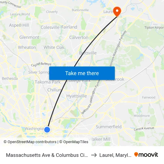 Massachusetts Ave & Columbus Cir NE Eb to Laurel, Maryland map