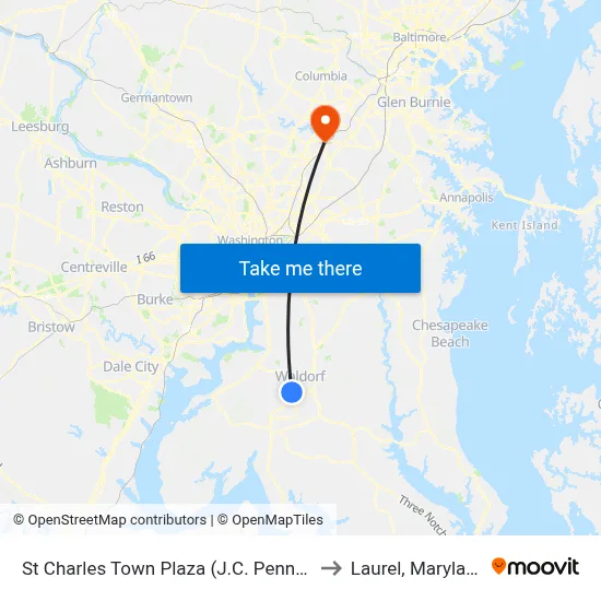 St Charles Town Plaza (J.C. Penney) to Laurel, Maryland map