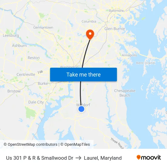 Us 301 P & R & Smallwood Dr to Laurel, Maryland map