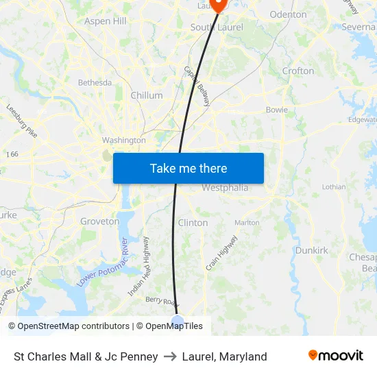 St Charles Mall & Jc Penney to Laurel, Maryland map