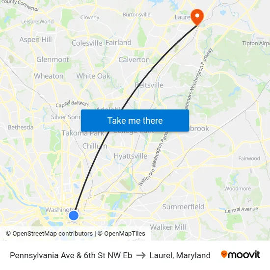 Pennsylvania Ave & 6th St NW Eb to Laurel, Maryland map