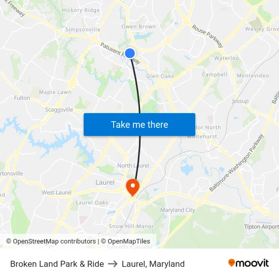 Broken Land Park & Ride to Laurel, Maryland map