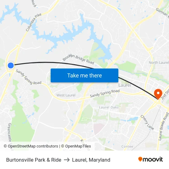 Burtonsville Park & Ride to Laurel, Maryland map