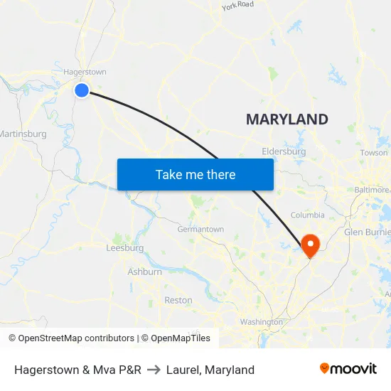 Hagerstown & Mva P&R to Laurel, Maryland map
