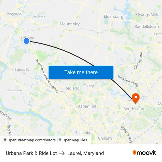 Urbana Park & Ride Lot to Laurel, Maryland map