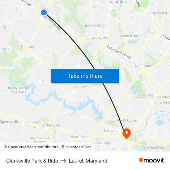 Clarksville Park & Ride to Laurel, Maryland map