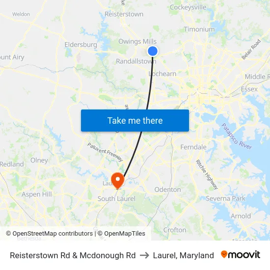 Reisterstown Rd & Mcdonough Rd to Laurel, Maryland map