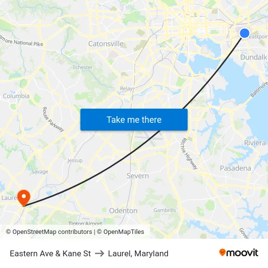 Eastern Ave & Kane St to Laurel, Maryland map