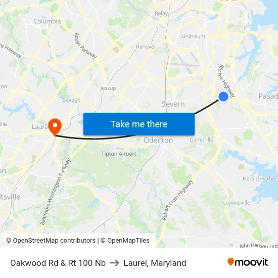 Oakwood Rd & Rt 100 Nb to Laurel, Maryland map