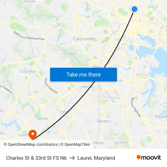 Charles St & 33rd St FS Nb to Laurel, Maryland map