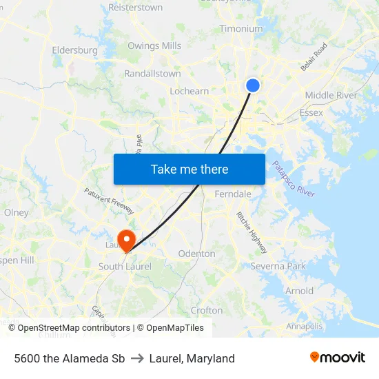 5600 the Alameda Sb to Laurel, Maryland map