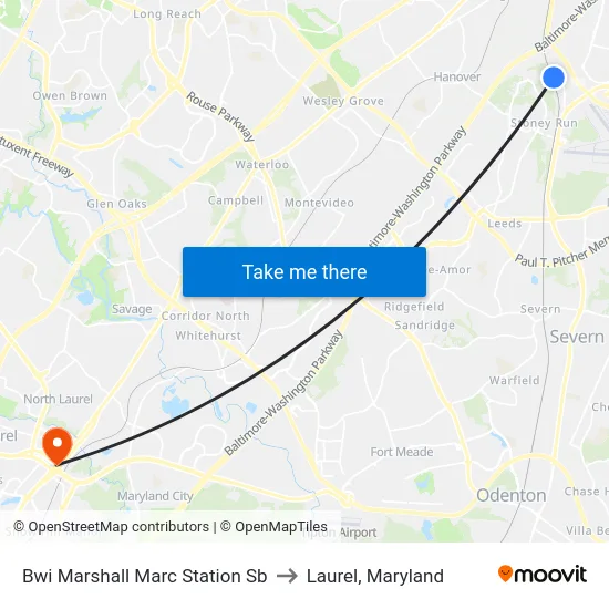 Bwi Marshall Marc Station Sb to Laurel, Maryland map