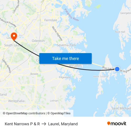 Kent Narrows P & R to Laurel, Maryland map