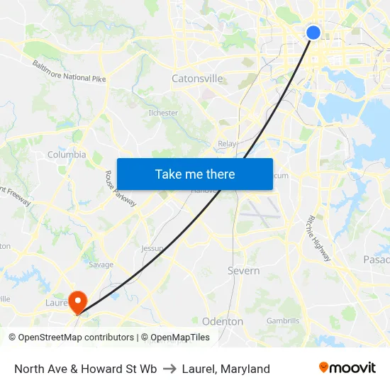 North Ave & Howard St Wb to Laurel, Maryland map