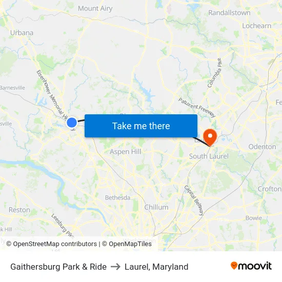 Gaithersburg Park & Ride to Laurel, Maryland map