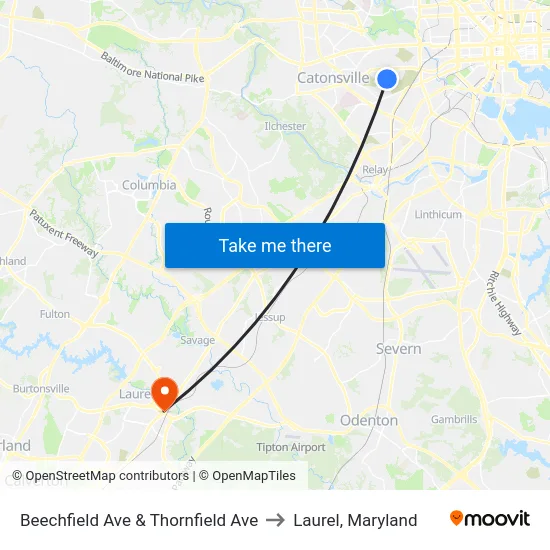 Beechfield Ave & Thornfield Ave to Laurel, Maryland map