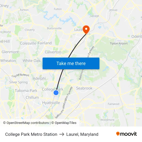 College Park Metro Station to Laurel, Maryland map