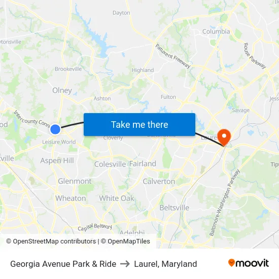 Georgia Avenue Park & Ride to Laurel, Maryland map