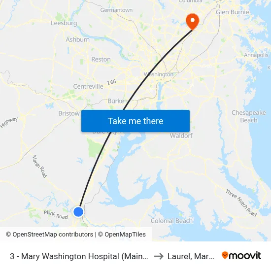 3 - Mary Washington Hospital (Main Entrance) to Laurel, Maryland map