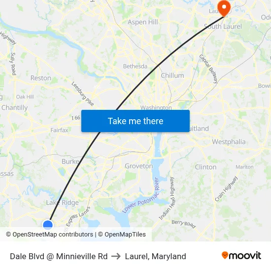Dale Blvd @ Minnieville Rd to Laurel, Maryland map