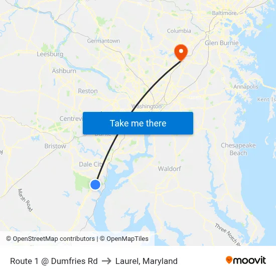 Route 1 @ Dumfries Rd to Laurel, Maryland map