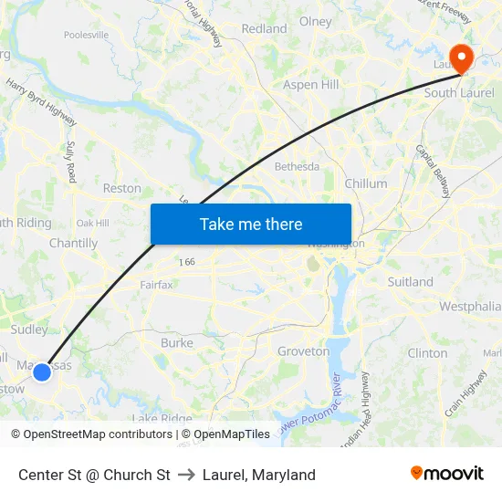 Center St @ Church St to Laurel, Maryland map