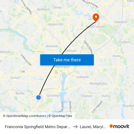 Franconia Springfield Metro Departures to Laurel, Maryland map
