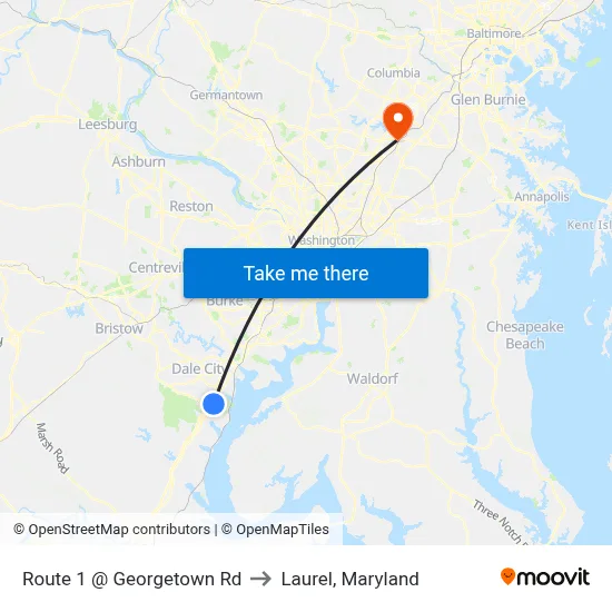 Route 1 @ Georgetown Rd to Laurel, Maryland map