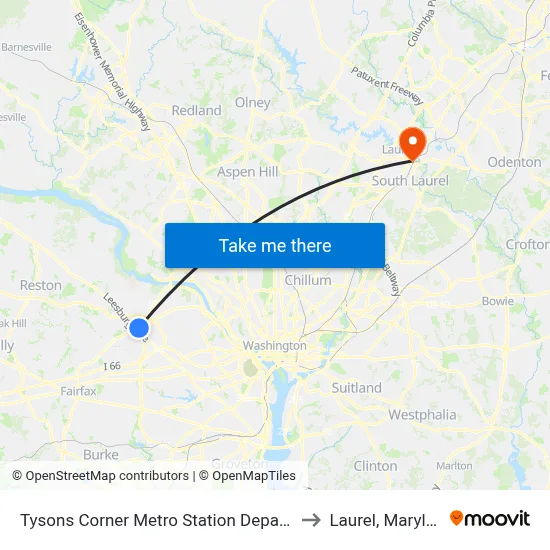 Tysons Corner Metro Station Departures to Laurel, Maryland map