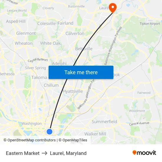 Eastern Market to Laurel, Maryland map