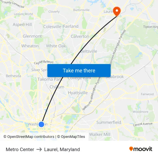 Metro Center to Laurel, Maryland map