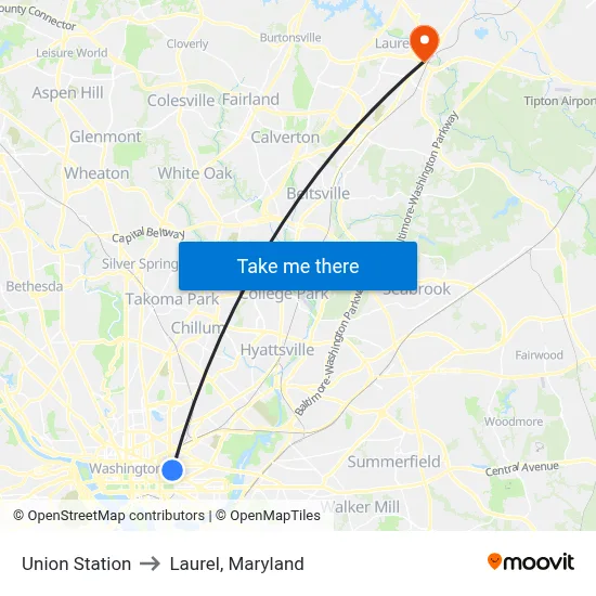 Union Station to Laurel, Maryland map