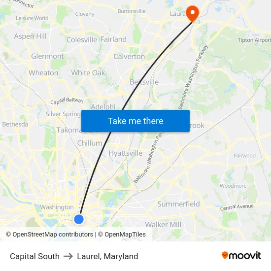 Capital South to Laurel, Maryland map