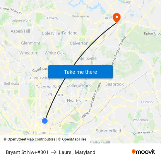 Bryant St Nw+#301 to Laurel, Maryland map