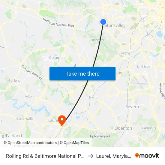 Rolling Rd & Baltimore National Pike to Laurel, Maryland map