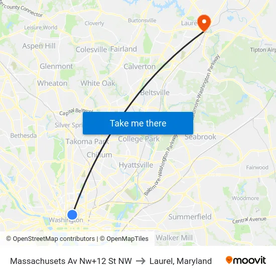 Massachusets Av Nw+12 St NW to Laurel, Maryland map