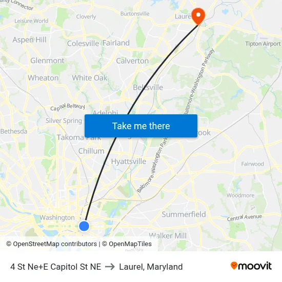 4 St Ne+E Capitol St NE to Laurel, Maryland map