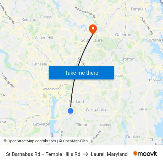 St Barnabas Rd + Temple Hills Rd to Laurel, Maryland map