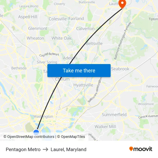 Pentagon Metro to Laurel, Maryland map