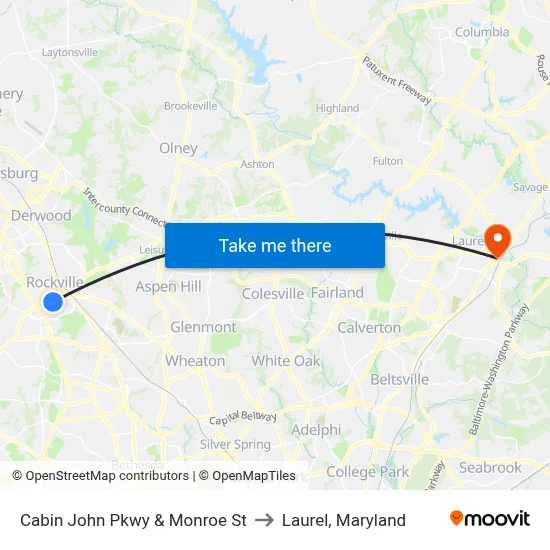 Cabin John Pkwy & Monroe St to Laurel, Maryland map