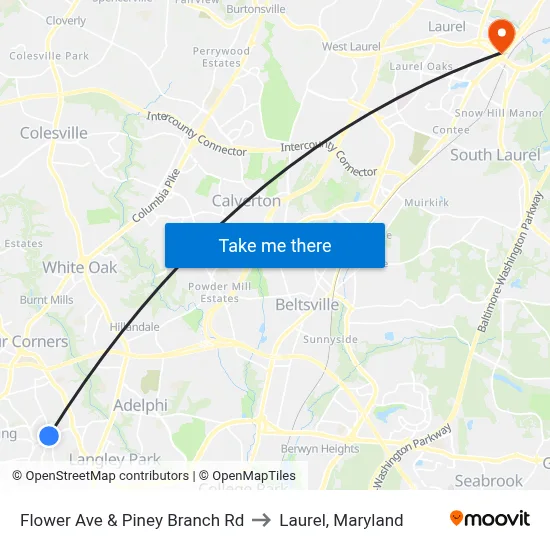 Flower Ave & Piney Branch Rd to Laurel, Maryland map