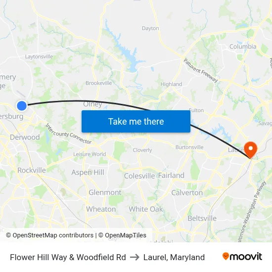 Flower Hill Way & Woodfield Rd to Laurel, Maryland map