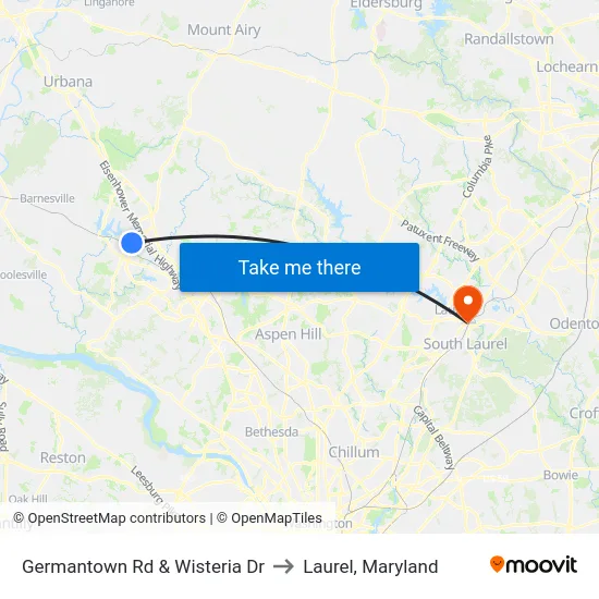 Germantown Rd & Wisteria Dr to Laurel, Maryland map