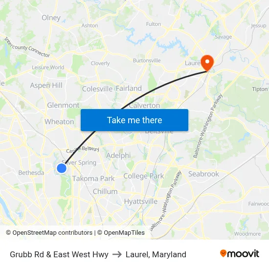 Grubb Rd & East West Hwy to Laurel, Maryland map