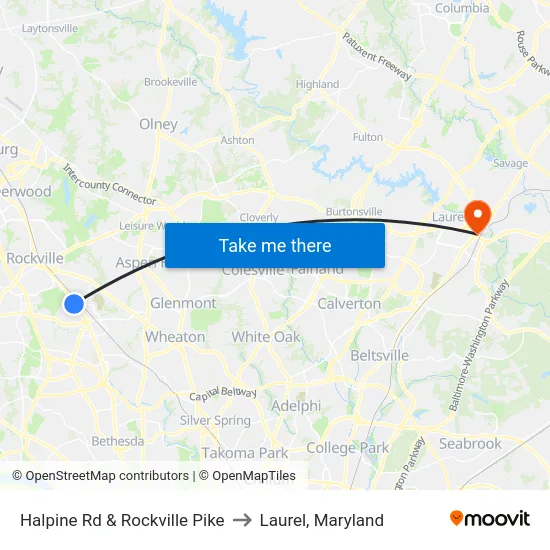 Halpine Rd & Rockville Pike to Laurel, Maryland map