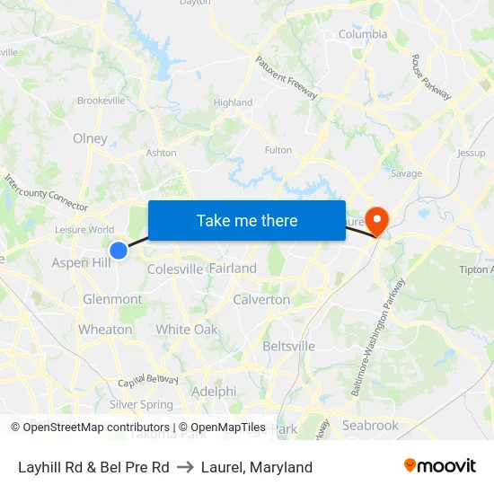 Layhill Rd & Bel Pre Rd to Laurel, Maryland map